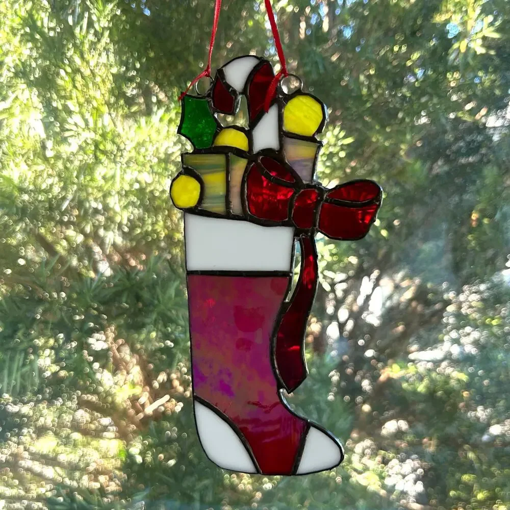 Vintage Stained Glass Christmas Stocking – 9” Iridescent Holiday Suncatcher